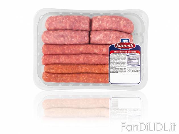 Tris di salsicce Suinelli, prezzo 2,49 &#8364; per 650 g, € 3,83/kg EUR. 
- ...