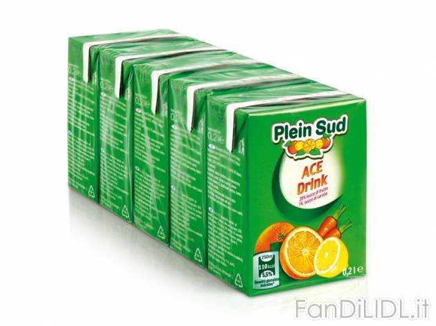 Bevanda ACE Plein Sud, prezzo 0,69 &#8364; per 5x 200 ml 
- Con il 25% di succo ...