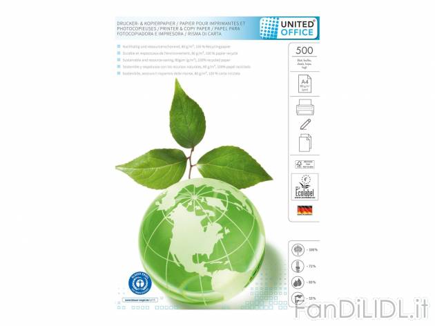 Risma di carta A4 riciclata, 500 fogli , prezzo 2.99 &#8364; 
- A4 riciclata, ...