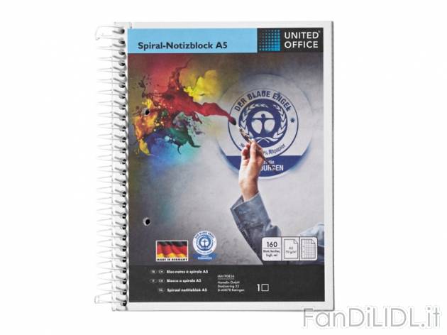 Blocco a spirale A5, 160 fogli United Office, prezzo 0,99 &#8364; per Alla confezione ...