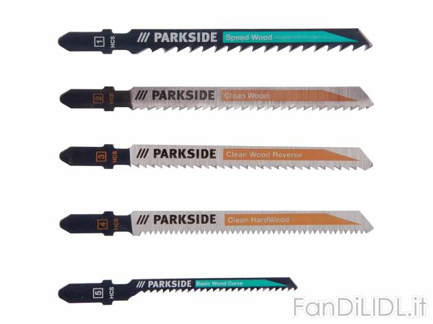 Lame per seghetto a pendolo, 5 pezzi Parkside, prezzo 3.99 &#8364; 
- Per legno ...