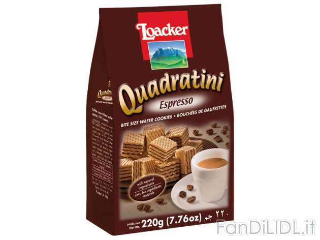 Quadratini wafers , prezzo 1,49 &#8364; per 220 g confezione, (1 kg = 6,77 €) ...