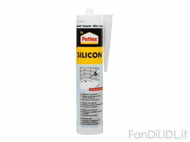Silicone trasparente Pattex, prezzo 3.49 € 
310 ml 
- Per uso interno ed esterno
Caratteristiche ...