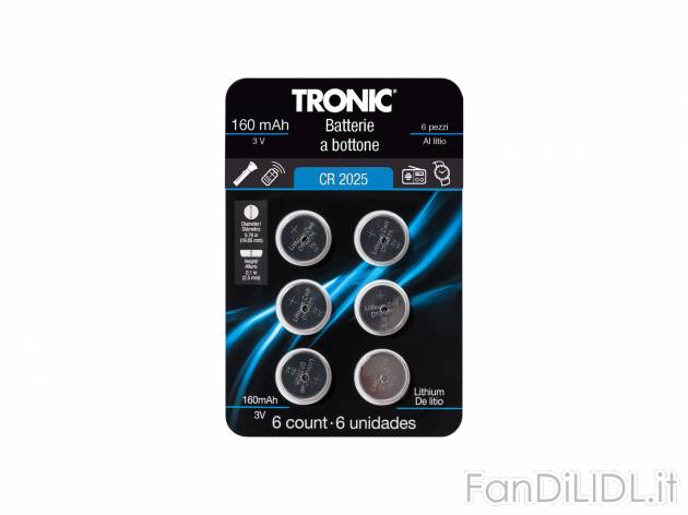 Batterie a bottone Tronic, prezzo 1.49 € 
6 pezzi 
- Alcaline o al litio
- ...