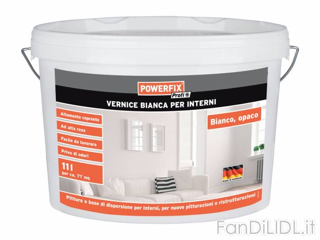 Vernice bianca per interni Powerfix, prezzo 17.99 € 
11 L 
- Per 77 mq
Caratteristiche ...