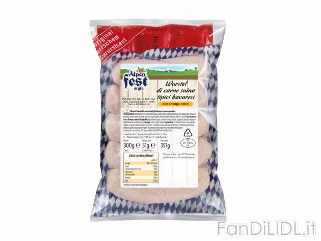 Würstel di carne suina tipici bavaresi Alpen Fest Style, prezzo 2.49 € 
- Con ...