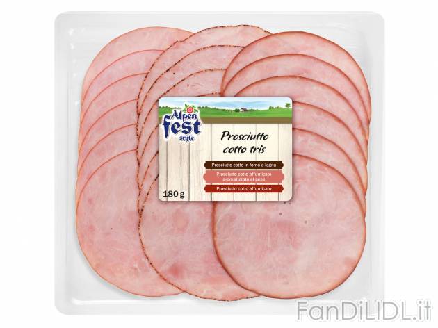 Prosciutto cotto tris Alpen Fest Style, prezzo 1.99 € 
- 
Cotto in forno a legna, ...