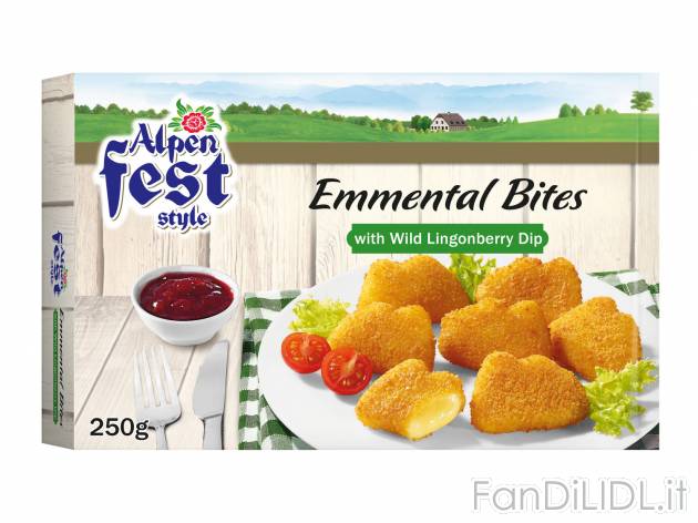 Bocconcini di formaggio Alpen Fest Style, prezzo 2.19 € 
- Di Emmental o Brie
- ...