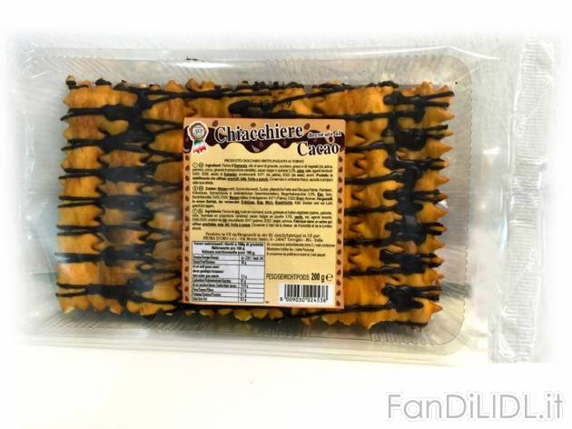 Chiacchere adecorate al cacao , prezzo 1,39 &#8364; per 200 g, € 6,95/Kg EUR.
