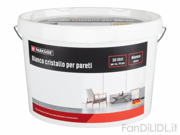 Pittura bianco cristallo per pareti Parkside, prezzo 17.99 &#8364; 
10 L
Caratteristiche
 ...