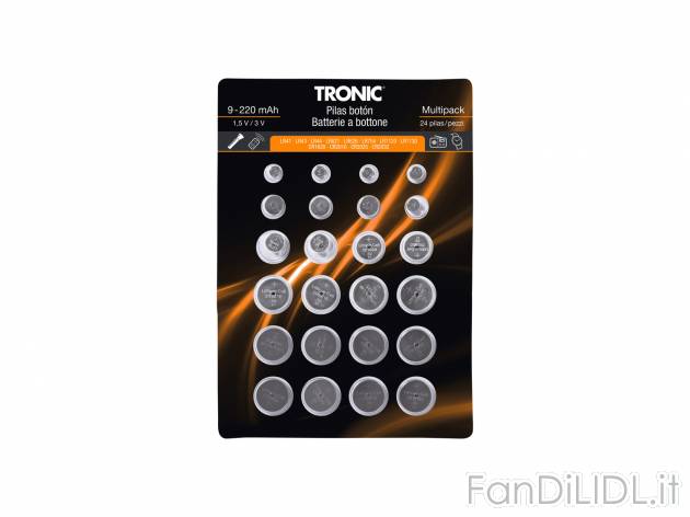 Batterie a bottone Tronic, prezzo 2.99 € 
24 pezzi 
- 12 diversi tipi di batterie
Caratteristiche ...