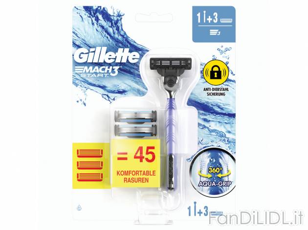 Rasoio + ricariche Gilette Mach3  , prezzo 5.89 €  
-  1 rasoio + 3 ricariche