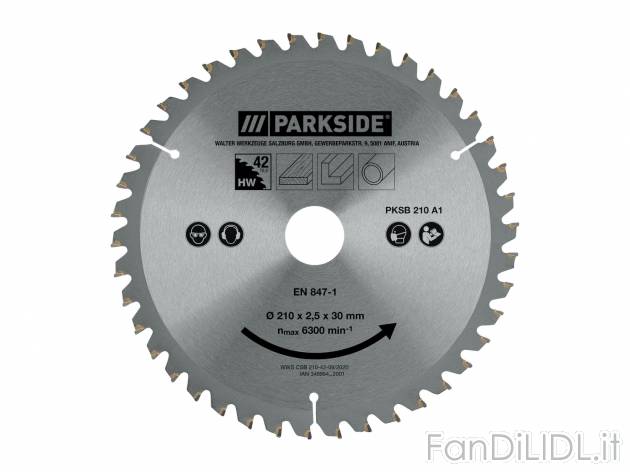 Lama per sega circolare Parkside, prezzo 4.99 €  
-  Diametro: 210 mm
Caratteristiche