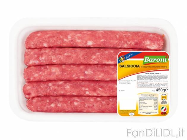 Salsicce di tacchino con suino e pollo , prezzo 2,49 &#8364; per 450 g, € ...