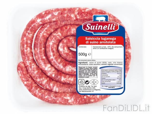 Salsiccia luganega di suino arrotolata , prezzo 2,99 &#8364; per 500 g, € ...