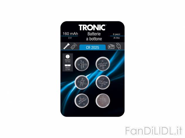 Batterie a bottone Tronic, prezzo 0.99 &#8364; 
6 pezzi 
- LR44, CR2016, CR2025, ...