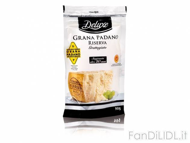 Grana Padano DOP Riserva grattugiato Deluxe, prezzo 1,29 &#8364; per 90 g, € ...
