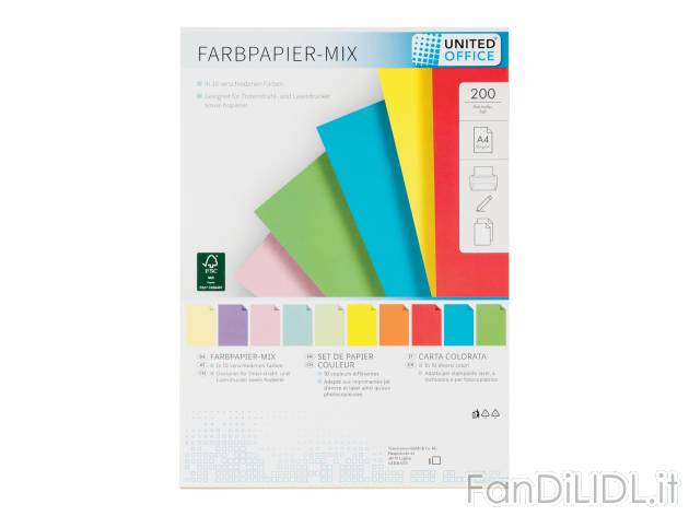 Carta colorata A4 United Office, prezzo 2.99 € 
200 fogli
Caratteristiche

- ...