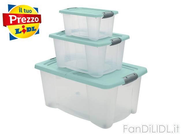 Set box multiuso Cassetti, prezzo 9.99 &#8364; 
3 pezzi 
- 38 L, 14 L e 5 L
Caratteristiche
 ...