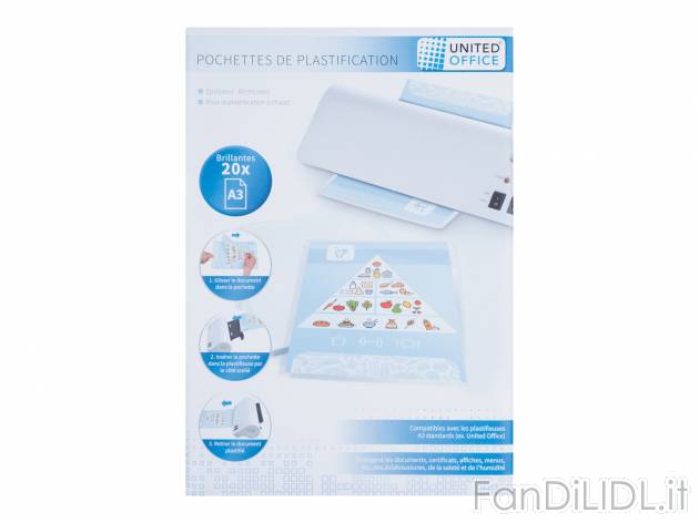 Fogli per plastificatore United Office, prezzo 2.99 € 
- A3
oppure
- A4
oppure
- ...