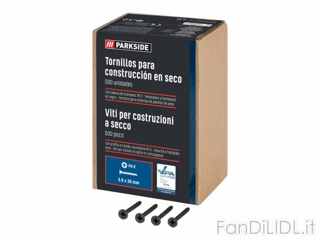 Viti per costruzioni a secco Parkside, prezzo 3.99 € 
350, 500 o 600 pezzi
Caratteristiche

- ...