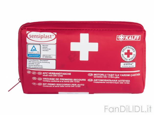Kit primo soccorso per auto Sensiplast, prezzo 6.99 € 
In dotazione
- Triangolo ...