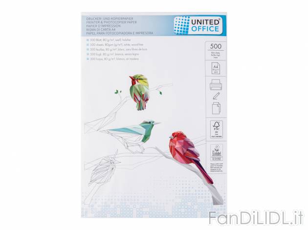 Risma di carta A4 United Office, prezzo 2.99 &#8364; 
500 fogli
Caratteristiche

- ...