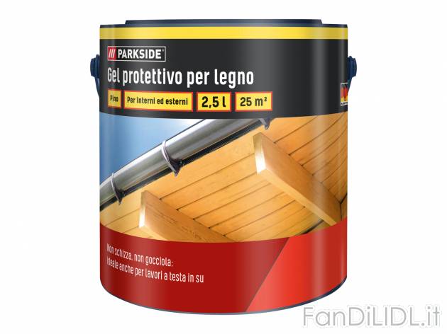 Gel protettivo per legno Parkside, prezzo 9.99 € 
2,5 L 
- Per interni ed esterni
Caratteristiche ...