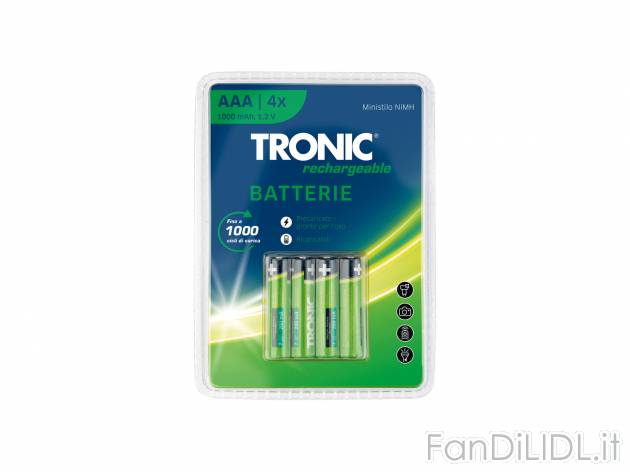 Batterie ricaricabili Tronic, prezzo 4.99 &#8364; 
4 pezzi 
- AA o AAA
Caratteristiche
 ...