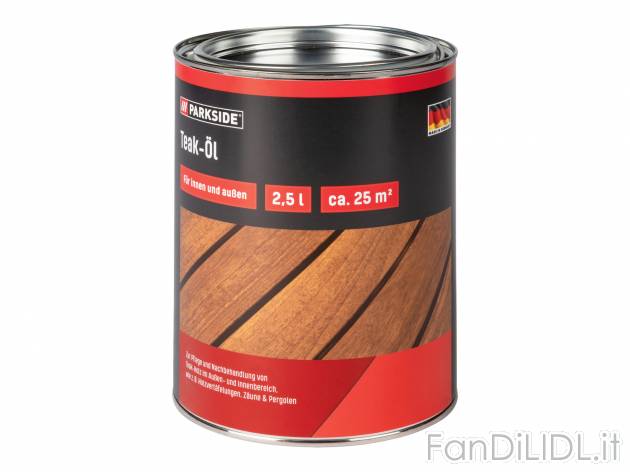 Olio per legno Parkside, prezzo 12.99 &#8364; 
2,5 L 
- Per interni ed esterni
Caratteristiche
 ...