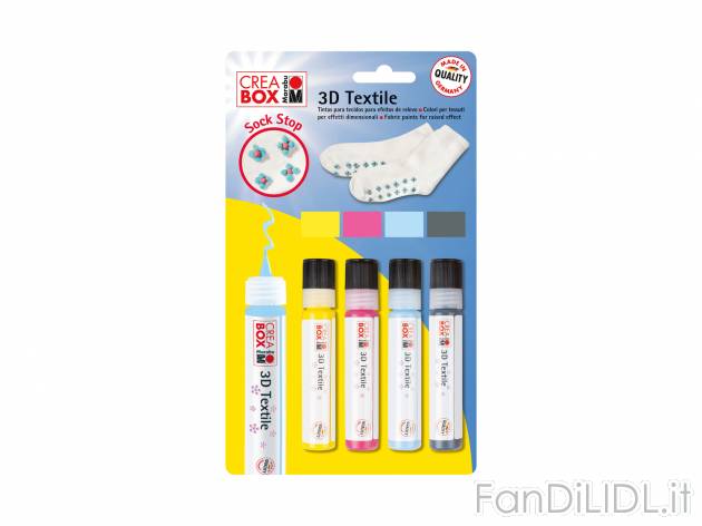Colori per tessuti Creabox, prezzo 4.99 &#8364; 
4 o 10 pezzi 
- Colori a base ...