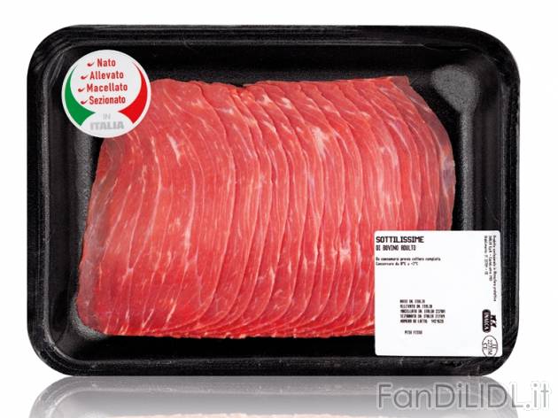 Fettine sottilissime di bovino adulto , prezzo 2,29 &#8364; per 180 g, € 12,72/kg ...