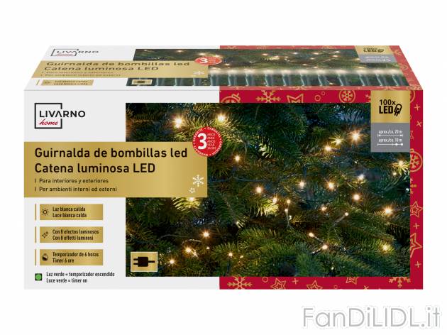 Catena luminosa 100 LED Livarno, prezzo 9.99 &#8364; 
- Bianco caldo, bianco ...
