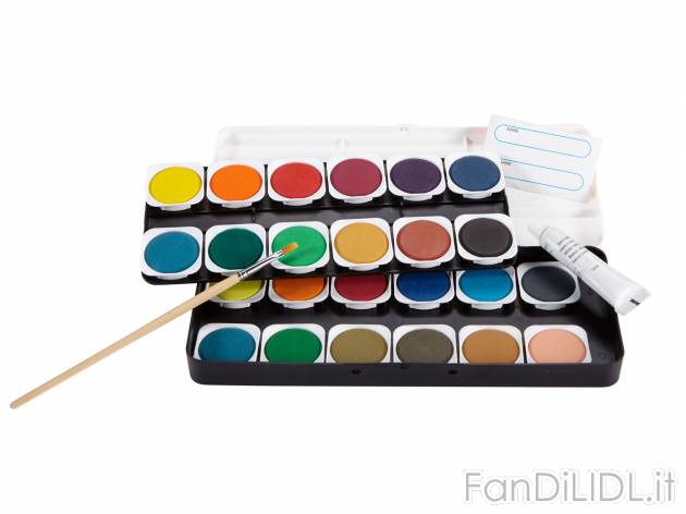 Set Acquerelli , prezzo 3.99 &#8364; 
- Con bianco coprente e pennello in legno ...
