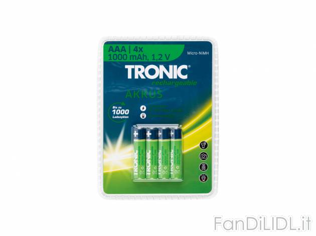 Batterie ricaricabili Tronic, prezzo 3.99 &#8364; 
4 pezzi 
- AA o AAA
Caratteristiche
 ...