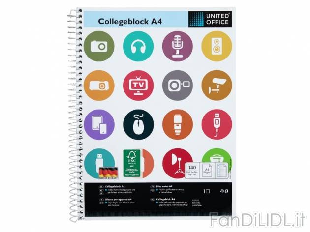 Blocco a spirale A4, 140 fogli United Office, prezzo 1,99 &#8364; per Alla confezione ...