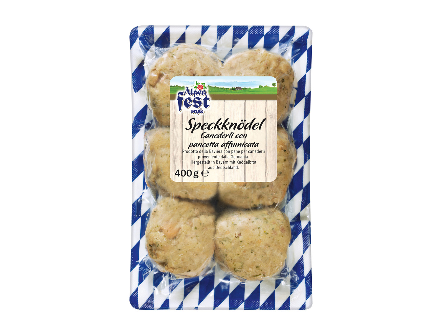Canederli Alpen Fest Style, prezzo 2.49 €
- Con pancetta affumicata, di fegato ...