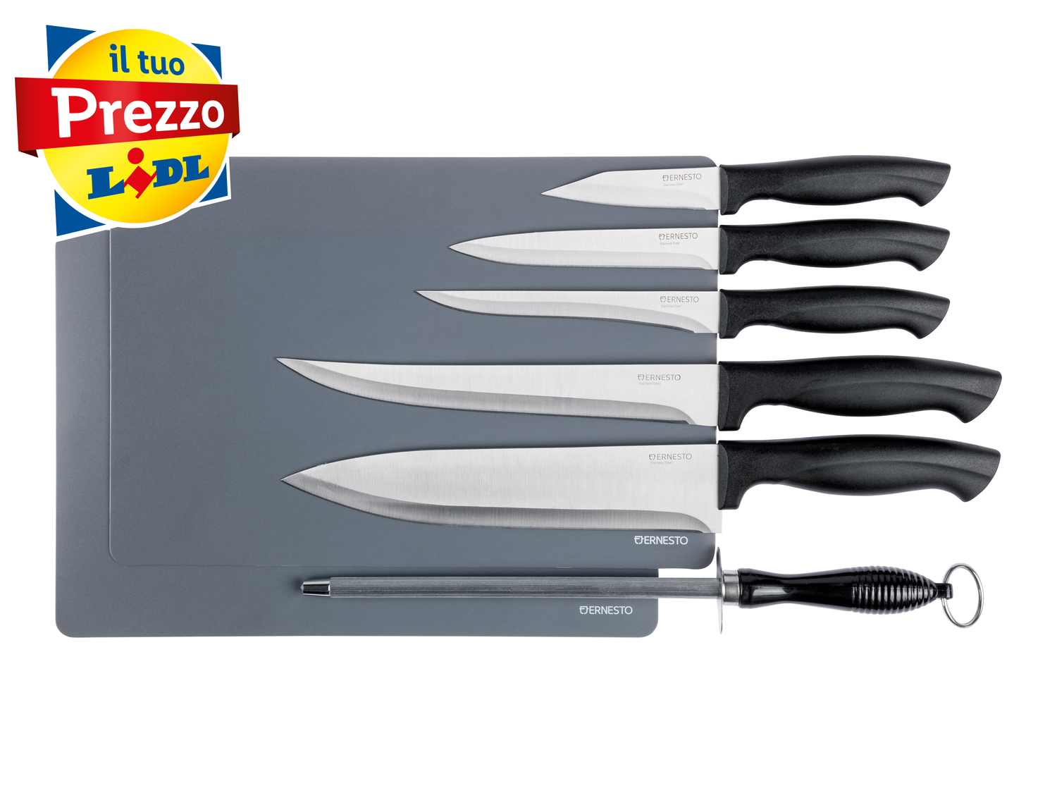 Set coltelli Ernesto, prezzo 6.99 €
- 5 coltelli
- 2 taglieri
- Forbici ...