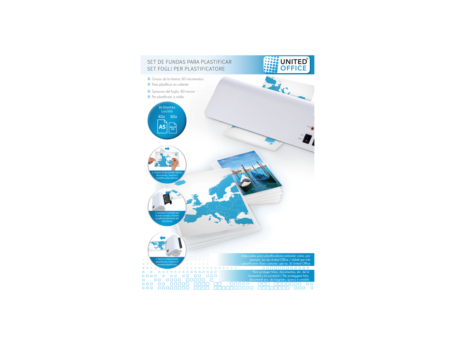Fogli per plastificatore A4 o A5 United Office, prezzo 2.99 €
- A4: 40 ...