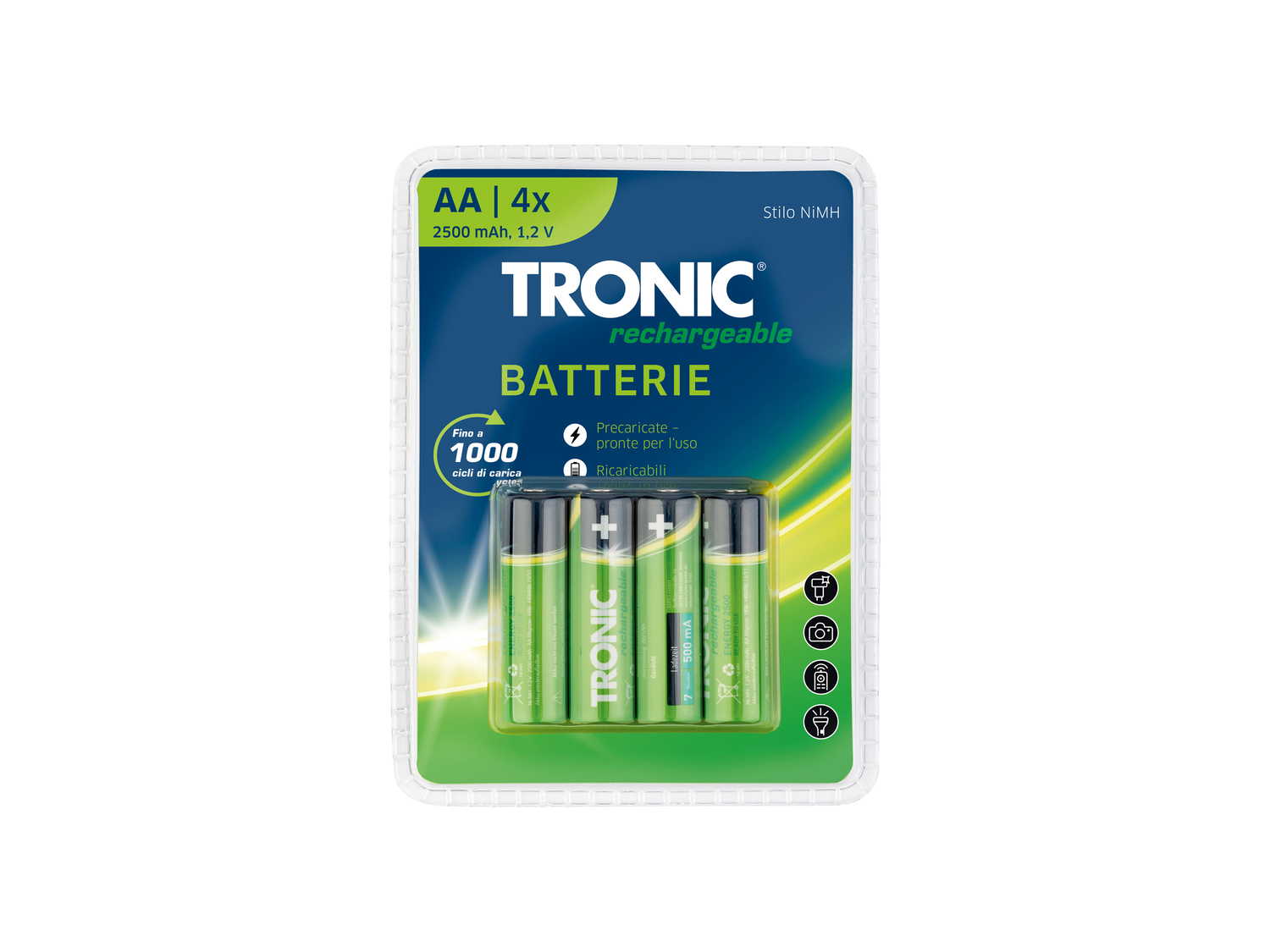 Batterie ricaricabili Tronic, prezzo 4.99 &#8364; 
4 pezzi 
- AA o AAA
Caratteristiche
 ...