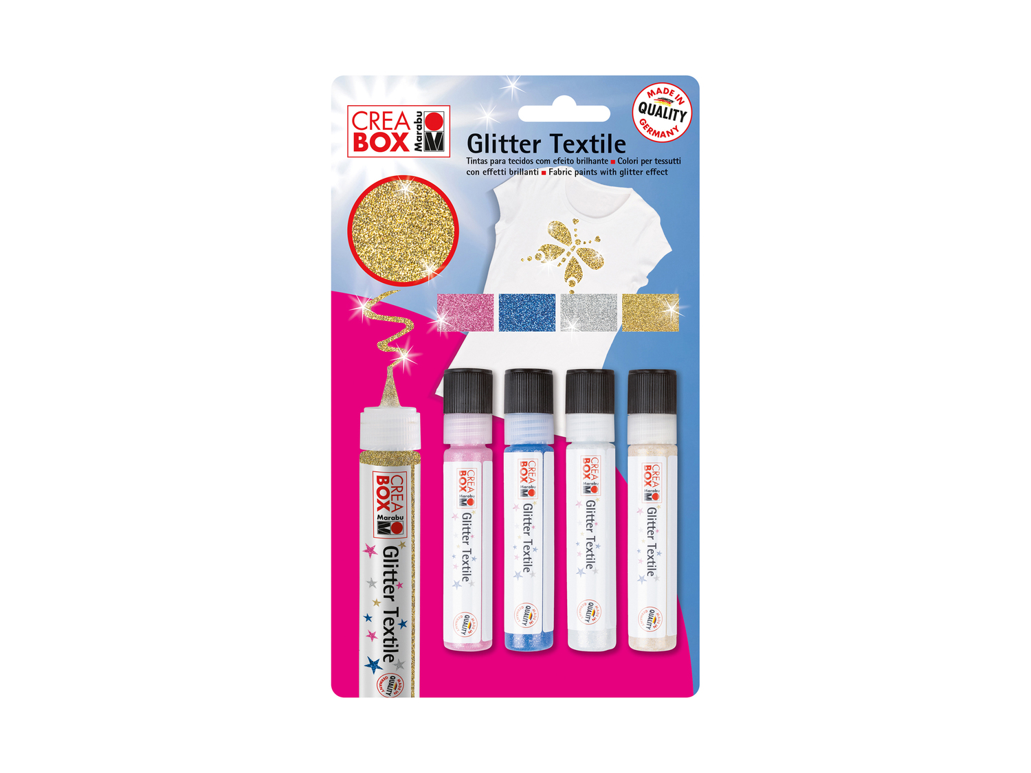 Colori per tessuti Creabox, prezzo 4.99 &#8364; 
4 o 10 pezzi 
- Colori a base ...