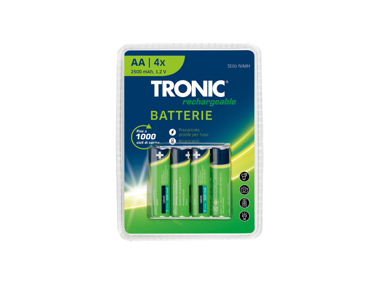 Batterie ricaricabili Tronic, prezzo 3.99 €
4 pezzi
- AA o AAA
- Precaricate ...