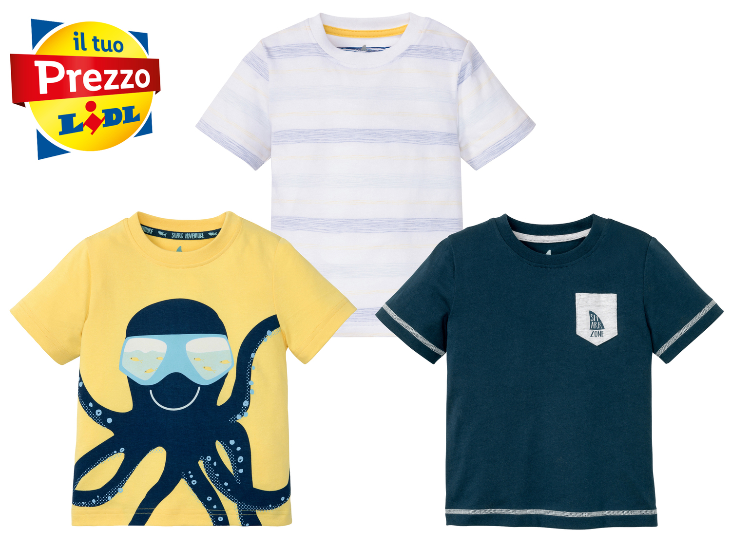 T-shirt da bambino Lupilu, prezzo 5.99 € 
3 pezzi - Misure: 1-6 anni 
- 
Puro ...