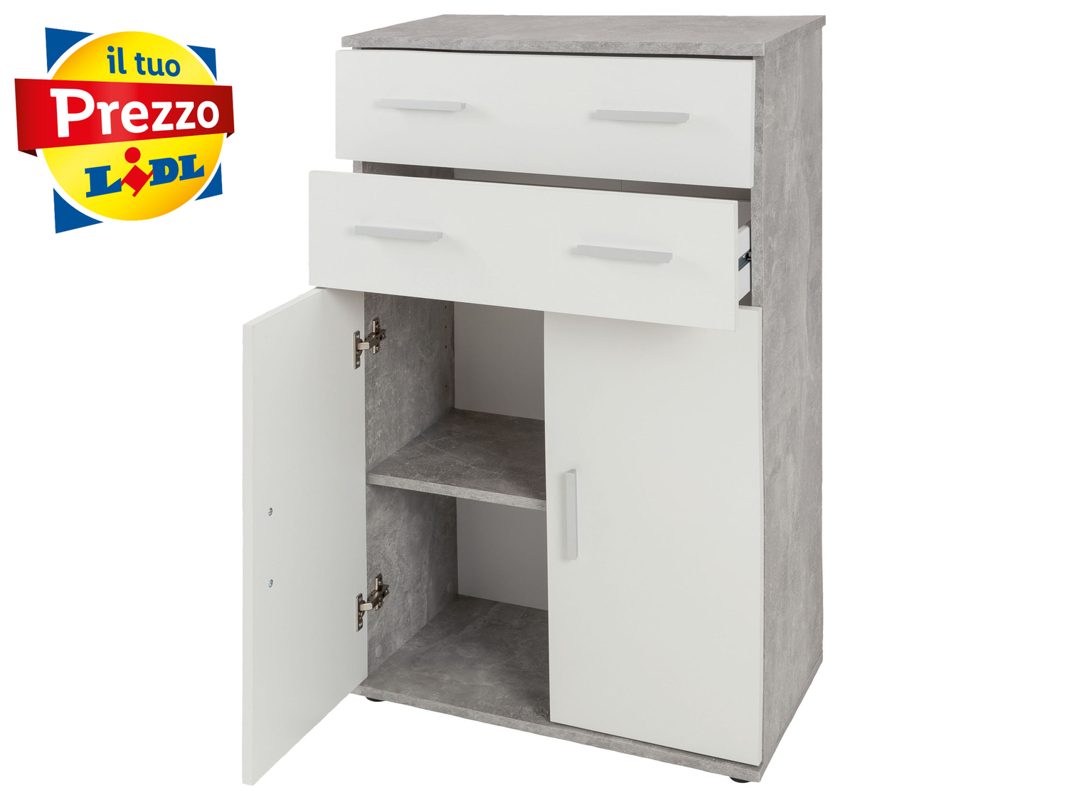 Mobiletto 2 cassetti e 2 ante Livarno Living, prezzo 39.99 €
Bianco o legno ...