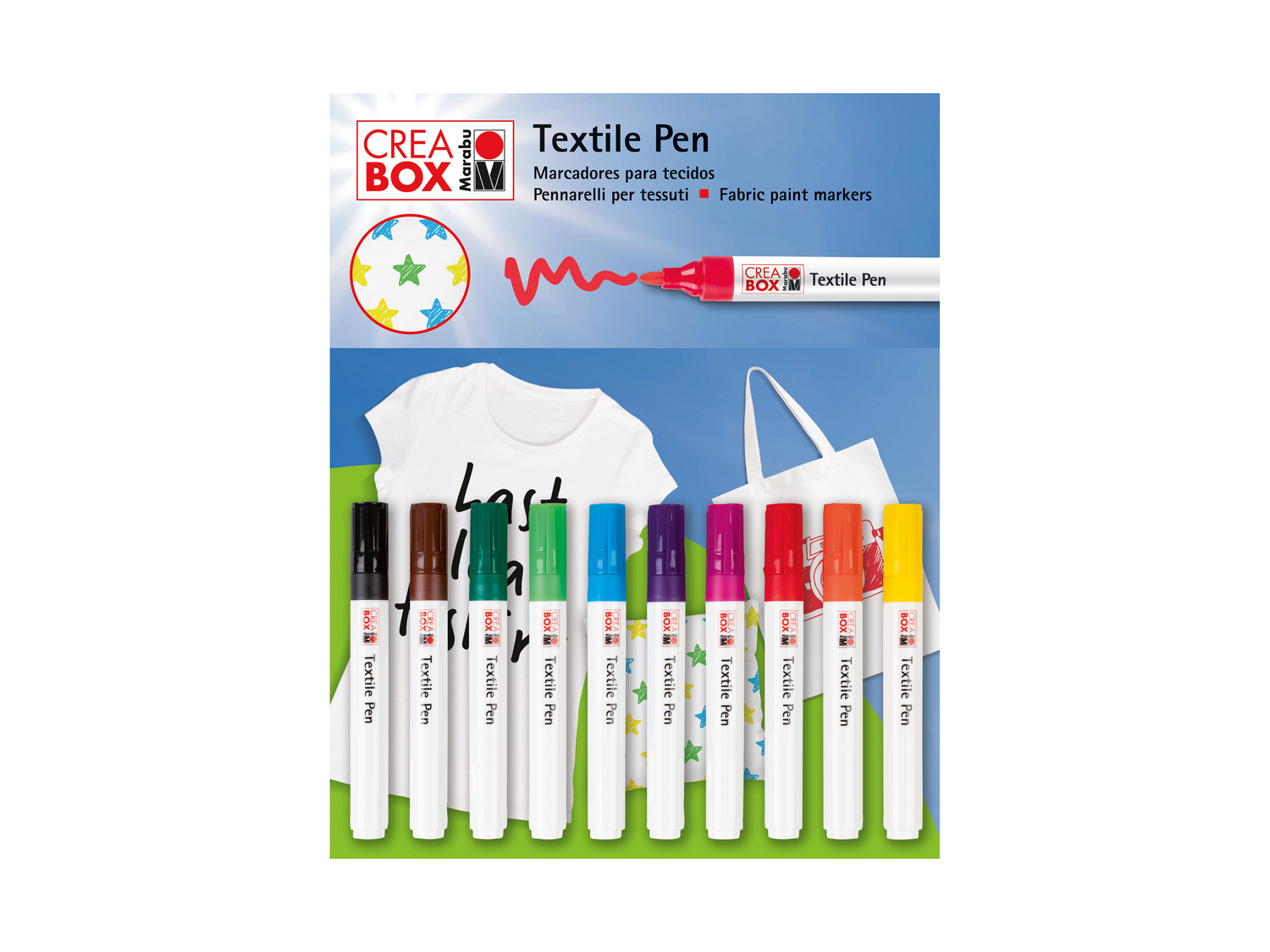 Colori per tessuti Creabox, prezzo 4.99 &#8364; 
4 o 10 pezzi 
- Colori a base ...