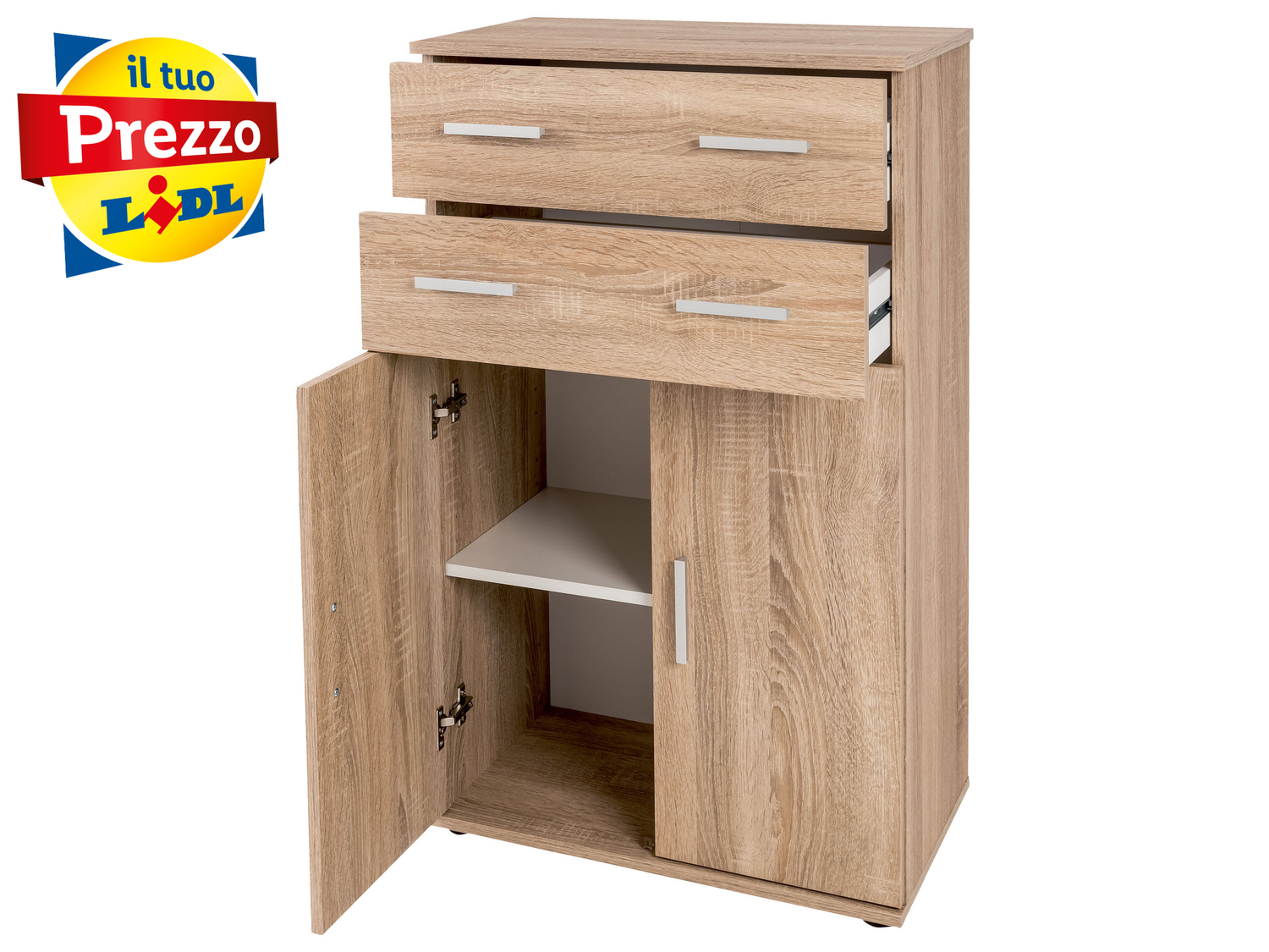 Mobiletto 2 cassetti e 2 ante Livarno Living, prezzo 39.99 €
Bianco o legno ...