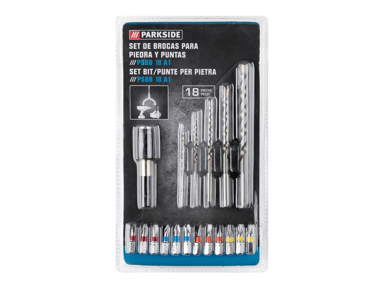 Set bit e bussole Parkside, prezzo 7.99 €
18 pezzi
- Inclusa custodia ...